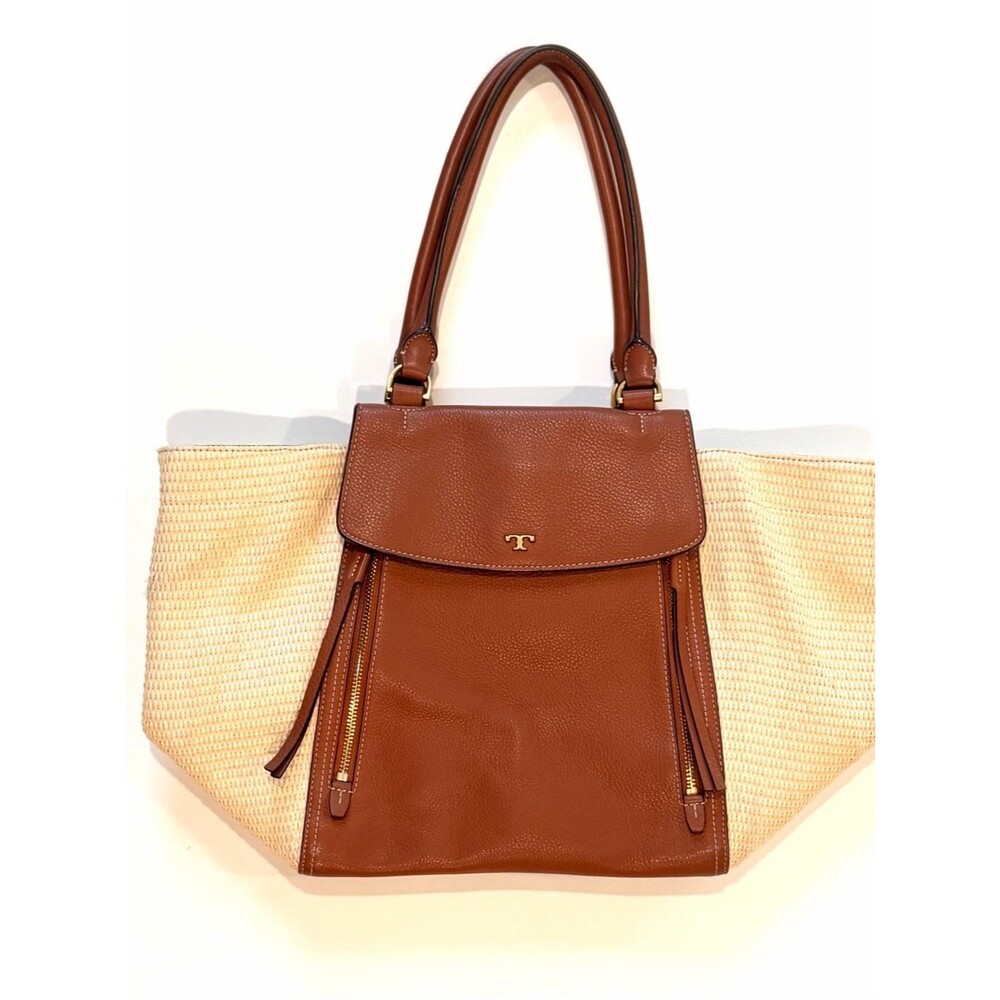 Tory Burch Half-Moon Straw & Leather Coastal Satchel Tote Bag - Tan/Cream